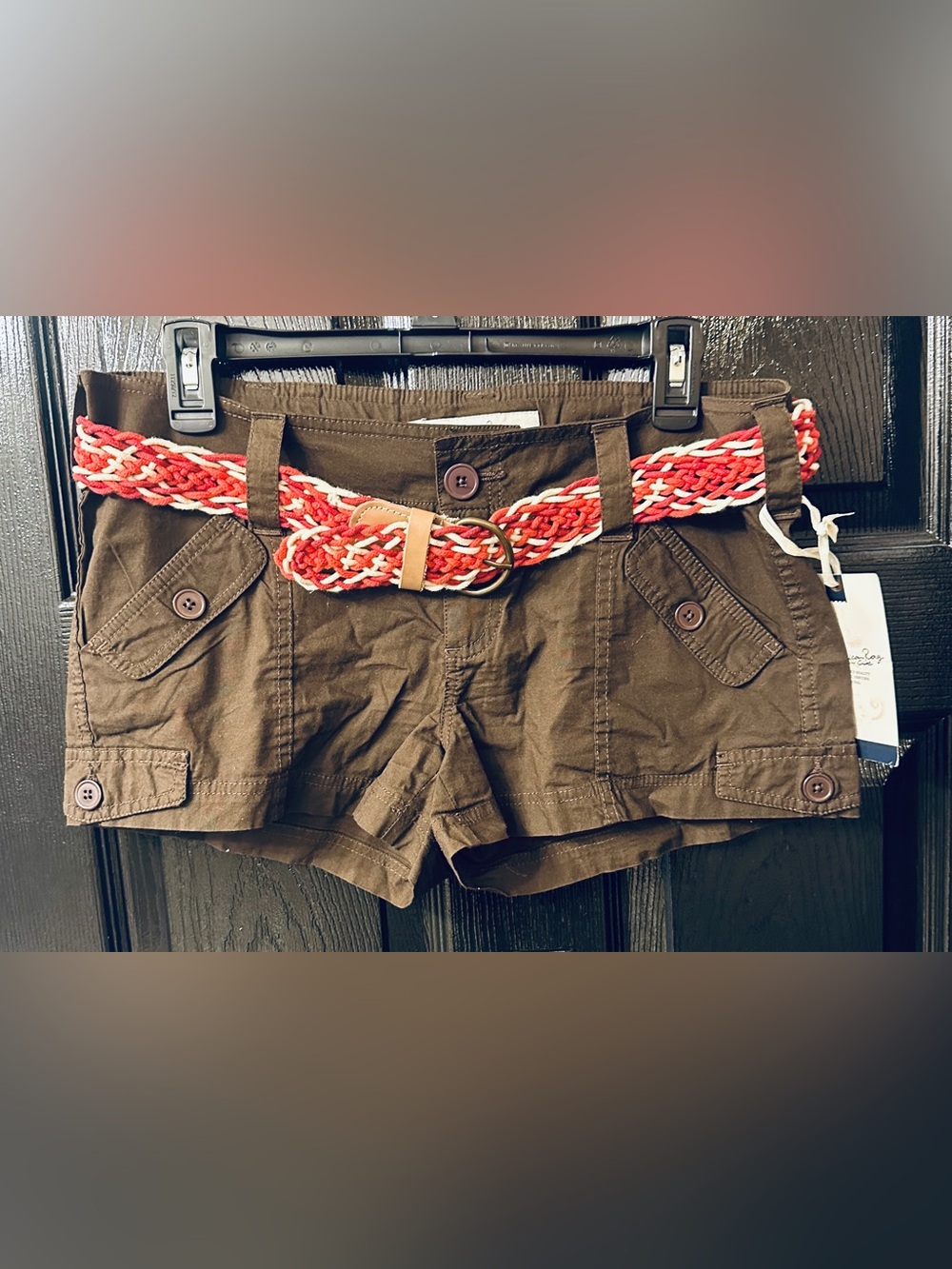 American Rag Dark Brown Cargo Shorts with Red Orange & White Woven Belt NWT